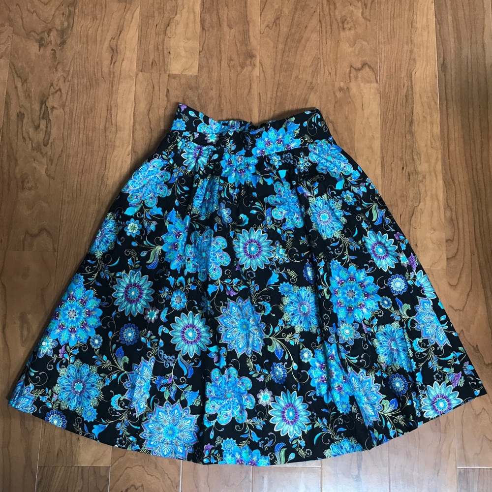 Modcloth Black Midi Skirt with Blue Floral Print